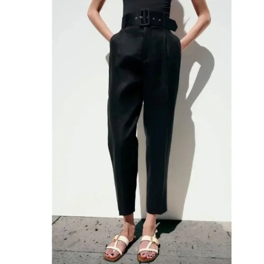 Zara Linen Trousers with Lined Belt Sz XS NWT
